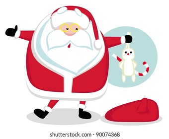 Cartoon Santa holding a rabbit. Vector illustration