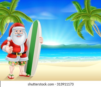 Cartoon Santa holding a surfboard and giving a thumbs up in his board shorts and sandals on a beach with palm trees in the background
