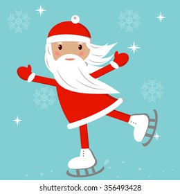 Cartoon Santa ice skates winter sport illustration. Santa Claus winter sport ice skates. Winter sport Santa. Santa healthy, Santa fast, Santa red hat, Santa ice skates. Vector illustration.