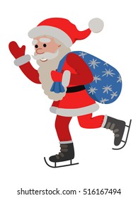 Cartoon Santa ice skates winter sport illustration. Vector drawing isolated.