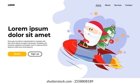 Cartoon Santa landing page template design. Santa Claus with fir tree sitting on rocket. Christmas, holiday, celebration concept can be used for website design