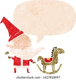 cartoon santa making toy with speech bubble in grunge distressed retro textured style