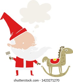 cartoon santa making toy with thought bubble in retro style