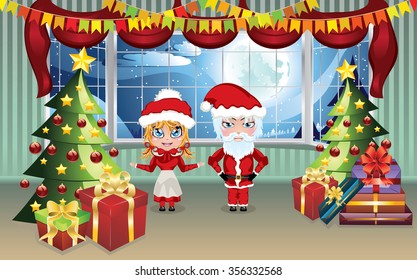 Cartoon Santa and Mrs Claus in the living room decorated for Christmas.