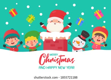 Cartoon santa on the chimney and friends on the roof Being so happy in the winter of Christmas.