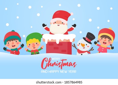 Cartoon santa on the chimney and friends on the roof Being so happy in the winter of Christmas
