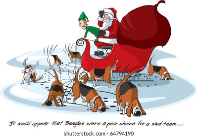 Cartoon Santa on his sleigh. Layered vector file available. Each Beagle, Santa, Elf, Sled, and background are all on separate layers.