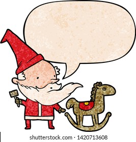 cartoon santa (or elf) making a rocking horse with speech bubble in retro texture style