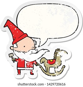 caricatura santa (o elf) haciendo un caballo mecedor con burbuja de habla angustiada pegatina vieja