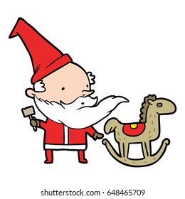 cartoon santa (or elf) making a rocking horse