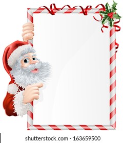 Cartoon Santa pointing at  at Christmas sign decorated with sprigs of holly