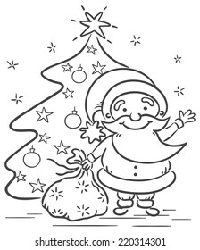 Cartoon Santa with presents and Christmas tree, black and white