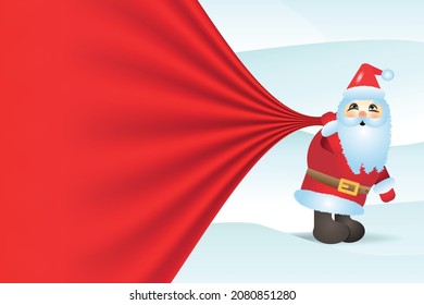 cartoon santa pulling a huge bag with gifts. template for design, place for text. your advertisement on the bag