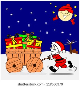 A cartoon Santa pushing a wooden cart with Christmas gifts