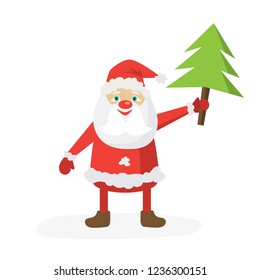 Cartoon Santa in red hat holding Christmas tree. Flat vector illustration template