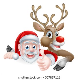 Cartoon Santa and reindeer peeking above sign and giving athumbs up Christmas cartoon