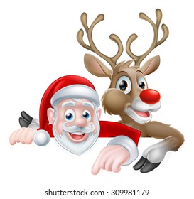 Cartoon Santa and reindeer peeking above sign and pointing Christmas illustration
