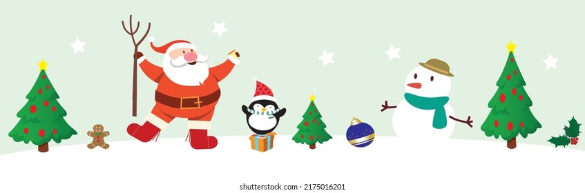 A cartoon of Santa with a reindeer and snowman on winter landscape