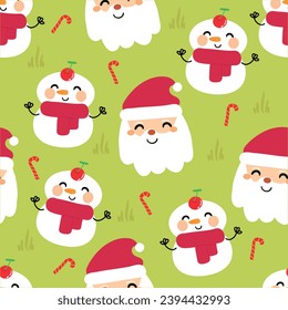 Dibujo de Santa sin fisuras con muñecos de nieve y elementos navideños. Papel mural de Navidad para tarjetas, papel de envoltura de regalo