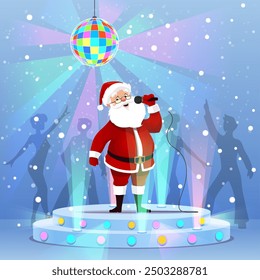 Cartoon Santa singing a song on disco club stage at Christmas holiday party. Funny Santa Claus vector character singing with microphone on dance floor, dancing people silhouettes and disco ball lights