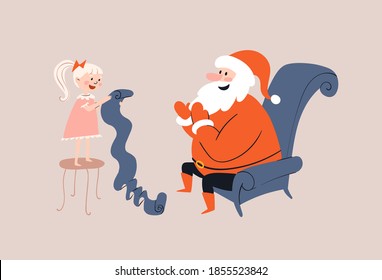 Cartoon santa sits in a comfortable armchair and looks at the girl. The child stands on a chair and reads a huge list of wishes, poems in front of Santa Claus. Hand drawn vector stock illustration.
