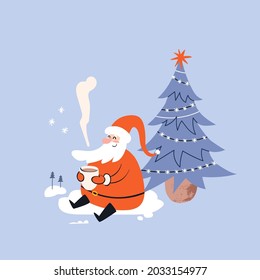 Cartoon Santa sits in front of the Christmas tree. Cheerful Santa warms up with hot tea. Christmas vector illustration isolated on blue background.