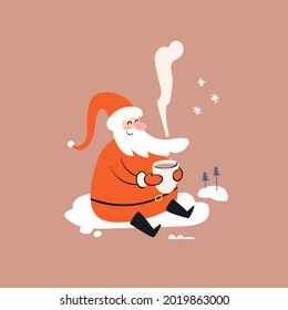 Cartoon Santa se sienta en la nieve y toma una bebida caliente. Santa Claus sonriente descansa en la nieve con una taza de té caliente. Ilustración vectorial de Navidad aislada.