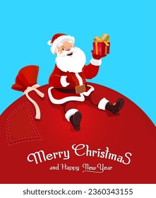 Cartoon Santa sitting on big bag of gifts. Vector Christmas holiday greeting card of Santa Claus character showing thumb up and winking with red sack, hat, costume and Xmas present box