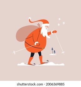 Cartoon Santa is skiing in the snow and carrying a bag of gifts. Jolly Santa Claus is on a journey. Christmas vector illustration isolated.