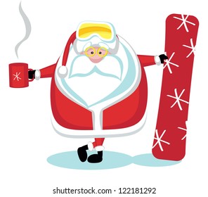 Cartoon Santa snowboarding with tea cup. Separate layers
