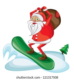 Cartoon Santa snowboarding, vector
