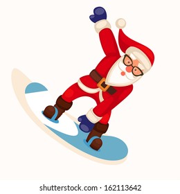 Cartoon Santa snowboarding, vector