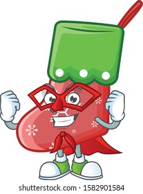 A cartoon of santa socks wearing costume of Super hero