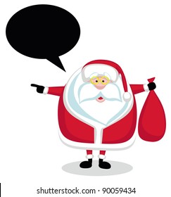Cartoon Santa with speech bubble holding red bag and pointing left