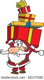 cartoon Santa straining while holding a pile of heavy gifts