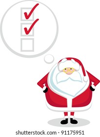 Cartoon Santa with thought bubble and check boxes. Vector illustration