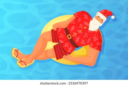 Cartoon Santa in tropical attire lounging on a pool float in blue water