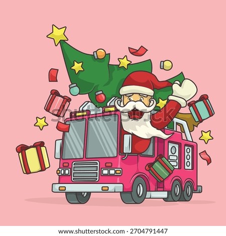 Cartoon Santa waving while driving a fire truck loaded with Christmas gifts and a tree, perfect for festive firefighter themes.