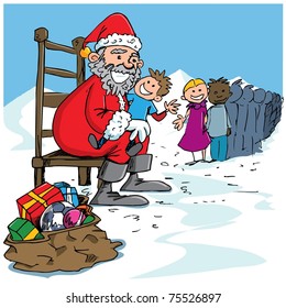 Cartoon Santa with a white beard. A long line of kids to see him