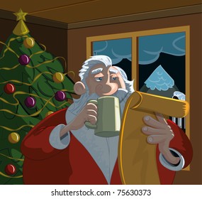 Cartoon Santa with a white beard. Reading his list