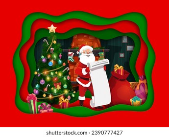 Cartoon Santa with wish list near fireplace. Christmas paper cut with Xmas holiday character of Santa Claus reading wishlist scroll, Christmas tree and fire place, stockings, gifts and red bag