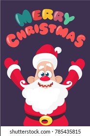 Cartoon SantaClaus character wishing a Merry Christmas. Vector postcard illustration