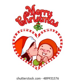 Cartoon Santa's little helpers are kissing under mistletoe in candy frame. Design element for Christmas greeting card. Vector cartoon illustration on a white background.