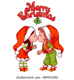 Cartoon Santa's little helpers are kissing under mistletoe. Design element for Christmas greeting card. Vector cartoon illustration on a white background.