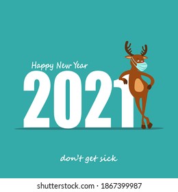 Cartoon Santa's Reindeer Rudolph  In Medical Mask. Greeting Card 2021. Inscription Happy New Year 