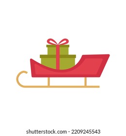 Cartoon Santa's sleigh with Christmas gifts boxes. Vector illustration isolated on white background