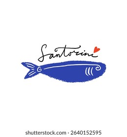 Cartoon Santorini fish lettering vector illustration clip-art. Printable art for textile, souvenirs, picture for website, presentation and more. Funky doodle travel concept