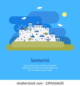 Cartoon Santorini Island Village Card Ad Travel and Tourism Concept Element Flat Design Style. Vector illustration of Greek Vacation