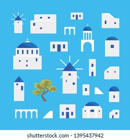 Cartoon Santorini Island Village Icon Set Travel and Tourism Concept Element Flat Design Style. Vector illustration of Greek Vacation