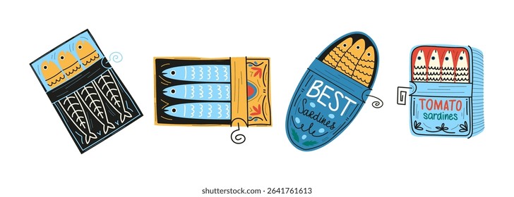 Cartoon Sardines Cans Set. Funny Doodle Fish Packaging Stickers Collection. Colorful Seafood Tin Labels. Doodle Sardine Cans Vector Set. Hand Drawn Colorful Fish Funny Sardine Tin Cans. Tuna, salmon, 
